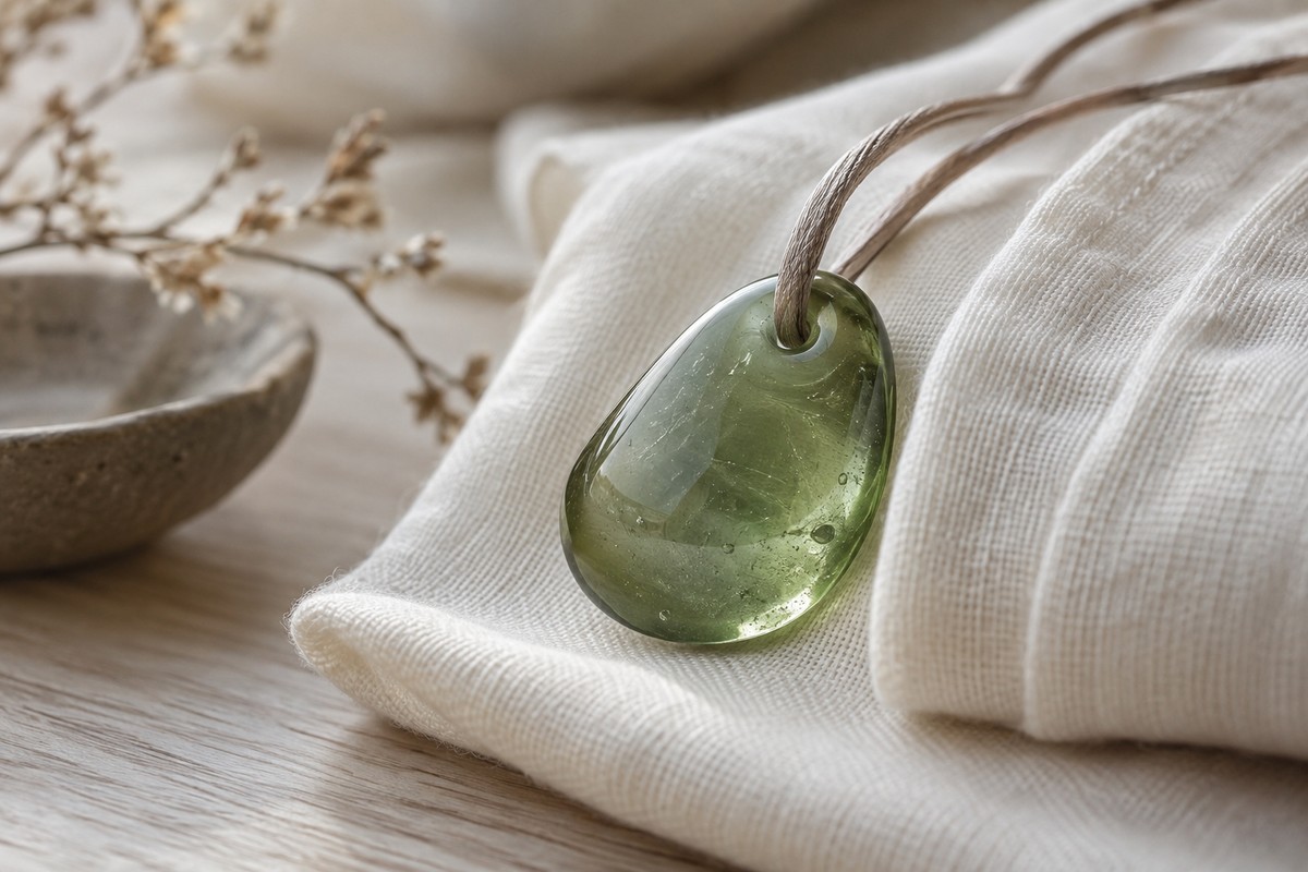 A translucent muted green glass pendant on a simple taupe cord.
