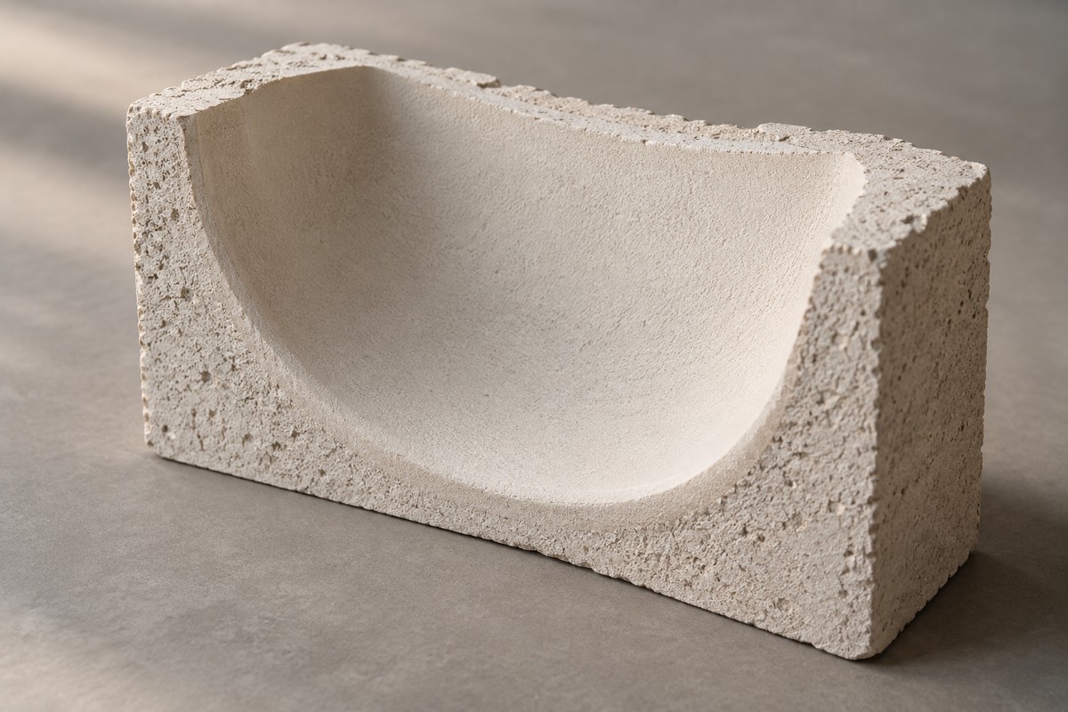 Ivory refractory sample with a smooth concave face and a thick granular body.