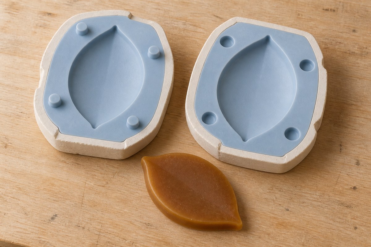 Two pale blue silicone mold halves in rigid shells beside a brown wax leaf.