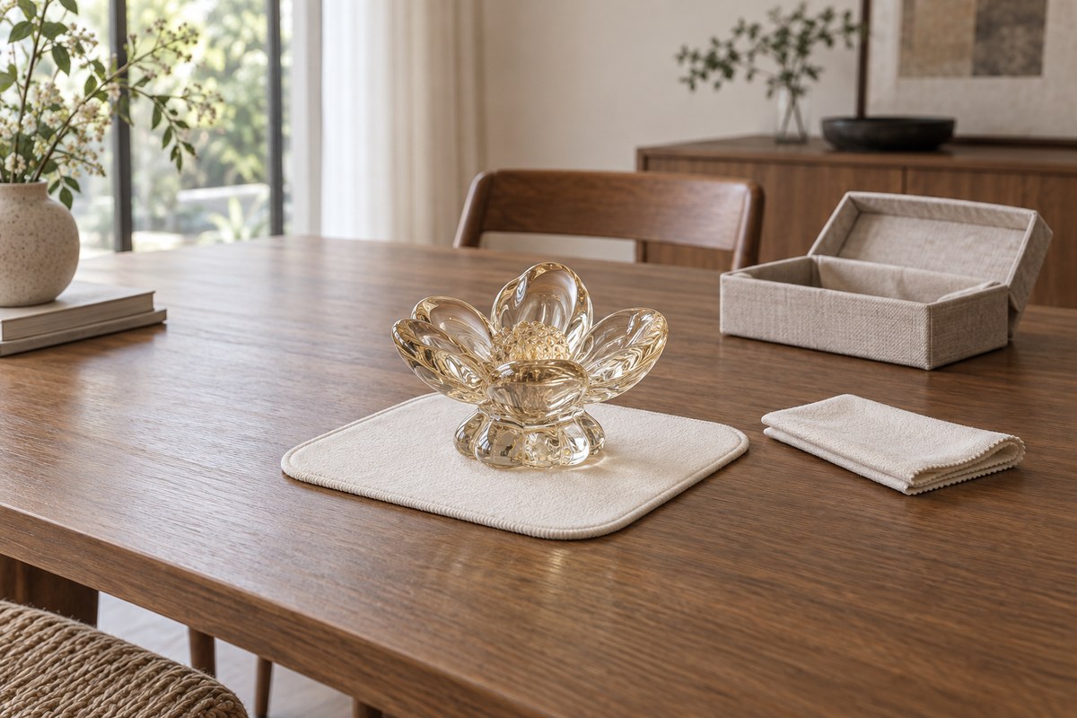 Glass flower on a cushioned mat beside a soft cloth and a lined storage box.