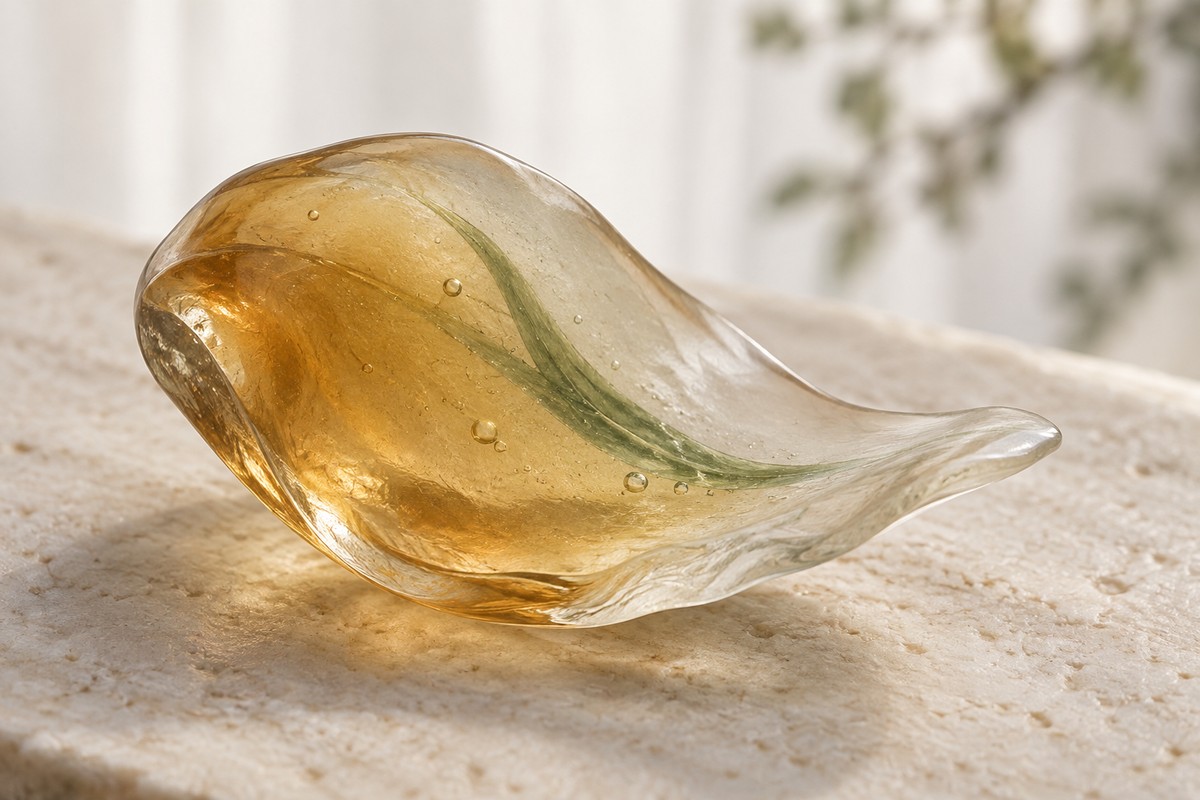 Curved glass petal with a thick amber center, pale rim, and a green ribbon.