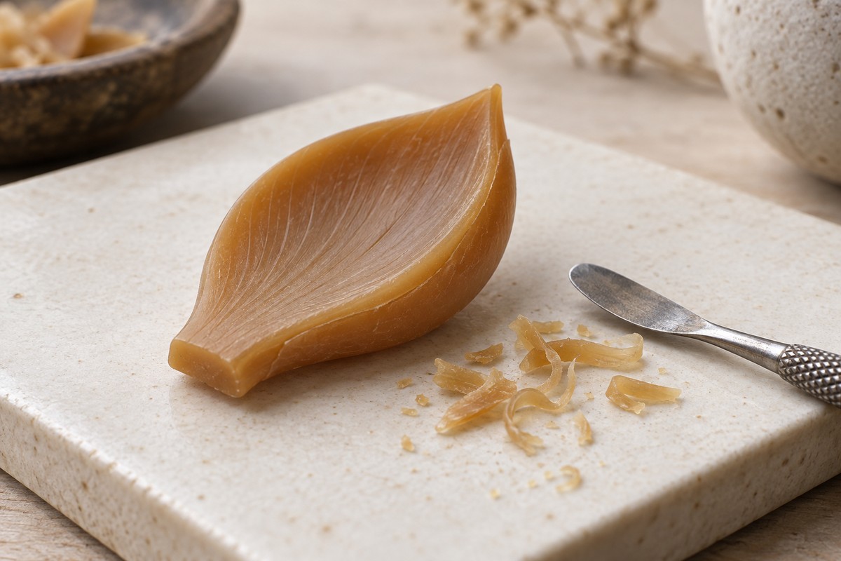Brown wax petal with small wax shavings and a metal sculpting spatula.