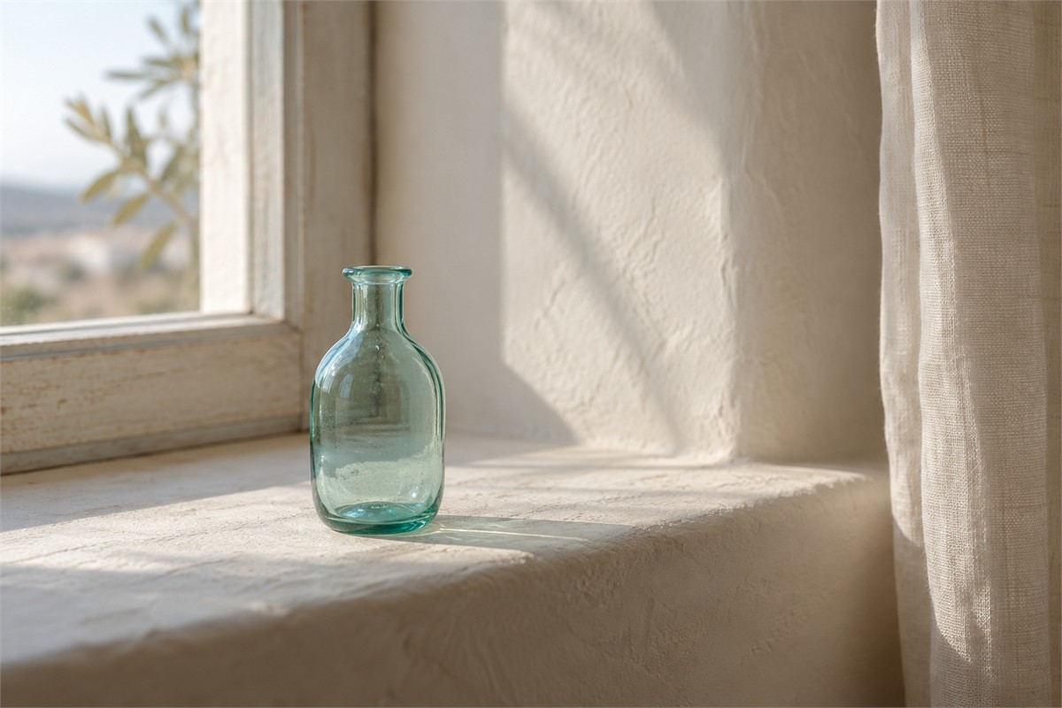 Pale teal glass bottle on a cream windowsill in natural light.