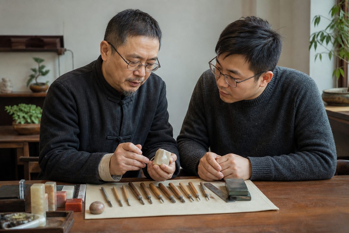 Seal-carving teacher and adult student in a workshop