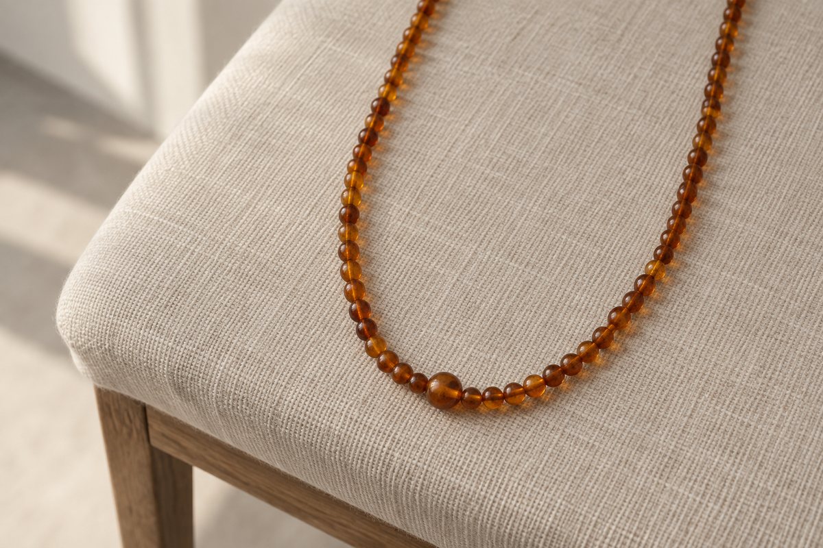 A long amber bead strand forms a relaxed curve over pale linen.