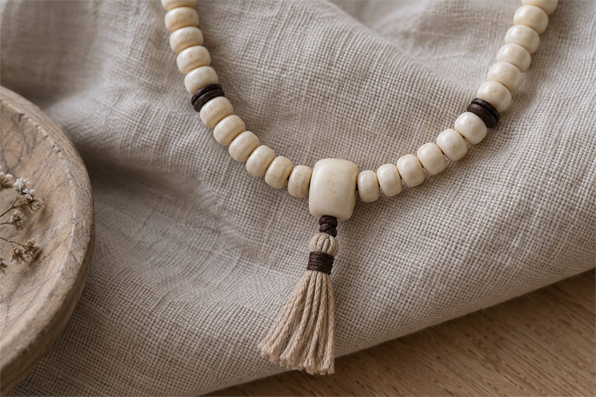 A close view of a long bone bead strand and a larger marker bead.