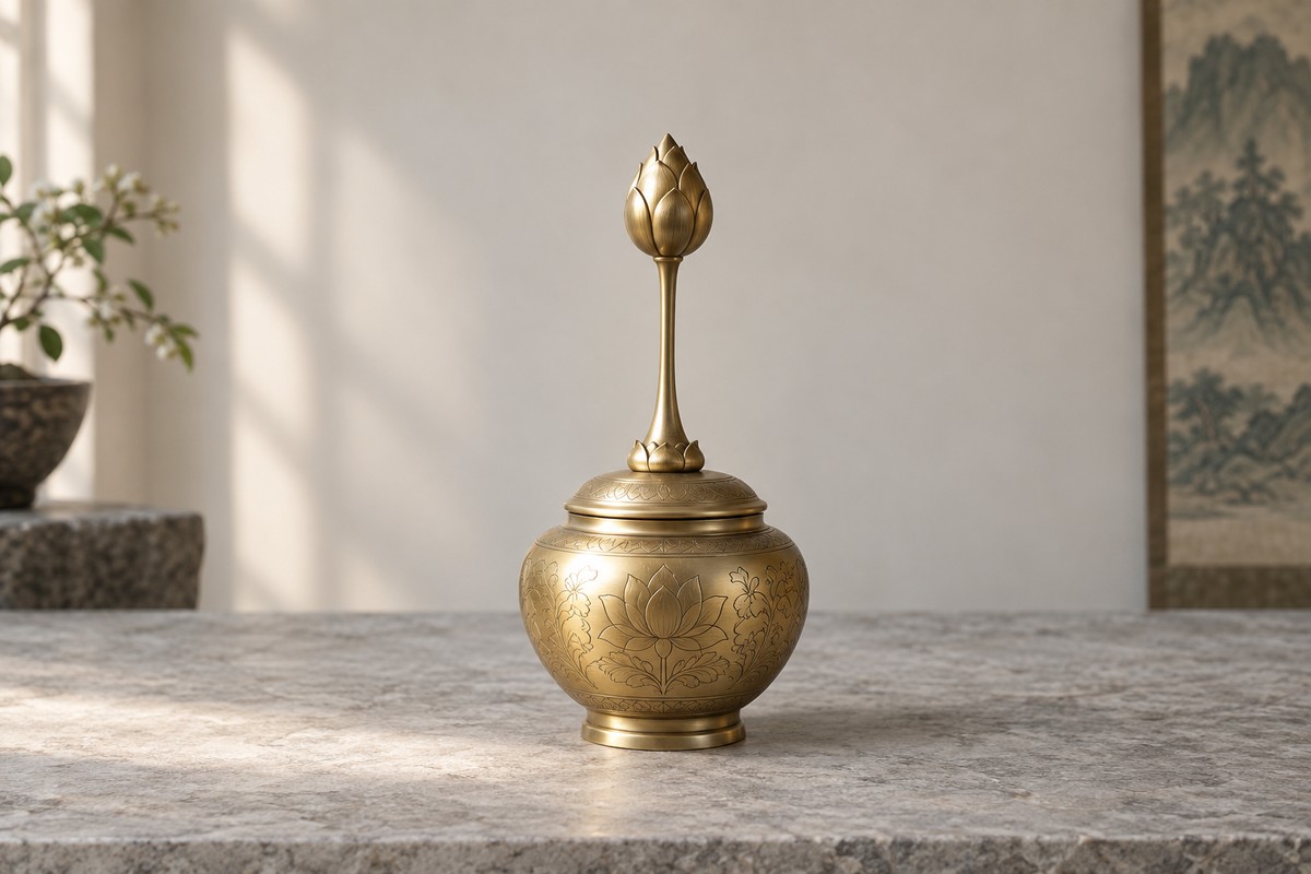 Small gold-colored lidded vase with an upright lotus-shaped finial.