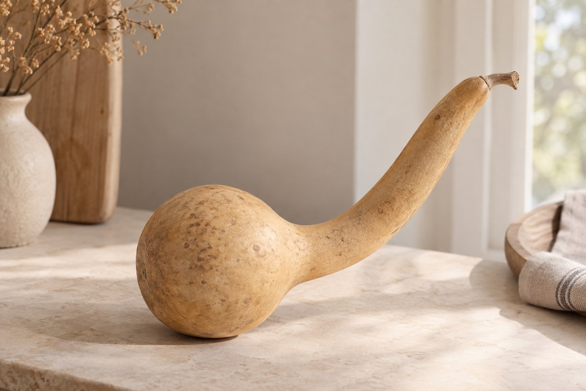 A dried gourd with a rounded belly and a slender curved neck.