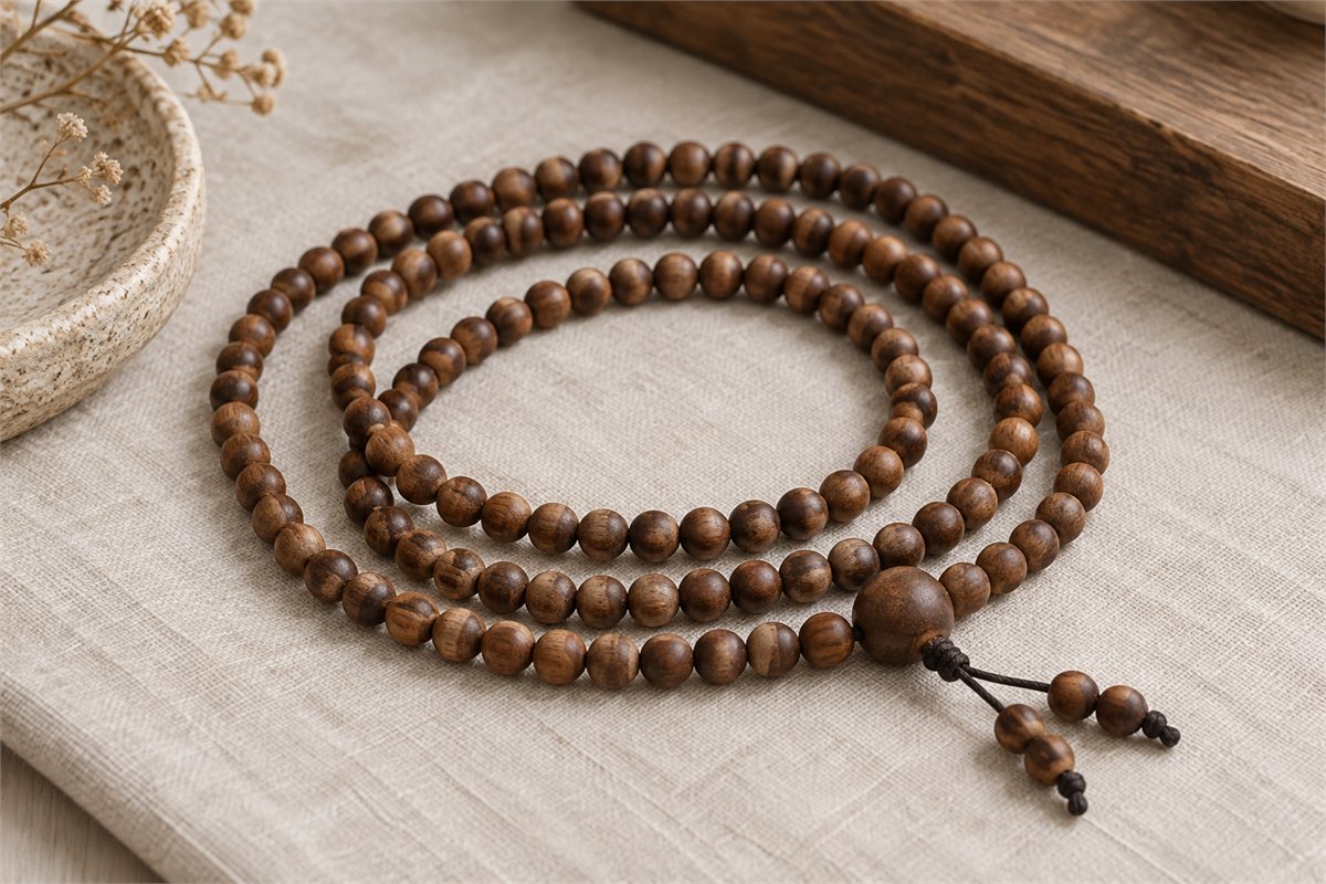 A long strand of small brown wooden beads forms loose overlapping loops on linen.