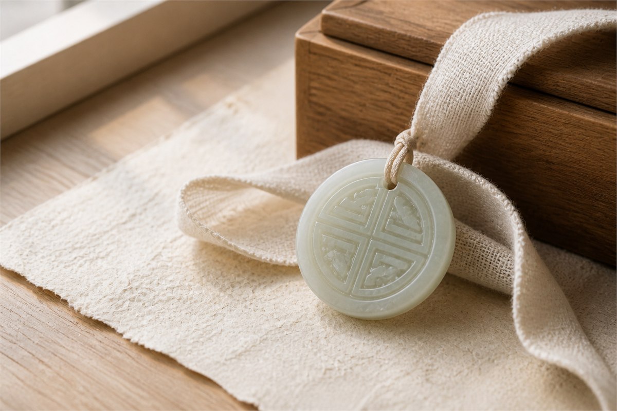 Pale jade longevity medallion pendant beside a wooden keepsake box and cream linen ribbon