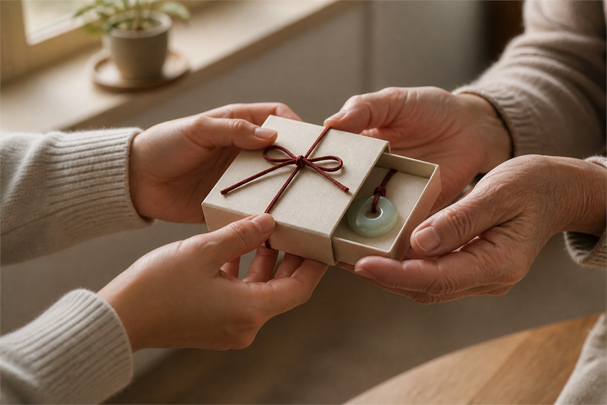 Younger adult hands offering a cream gift box with a pale jade medallion to older adult hands