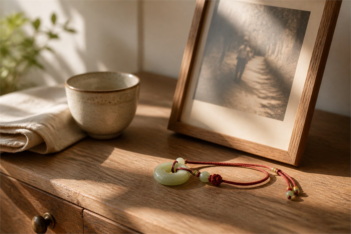 Longevity pendant beside a softly turned family photograph and ceramic cup on a wooden sideboard