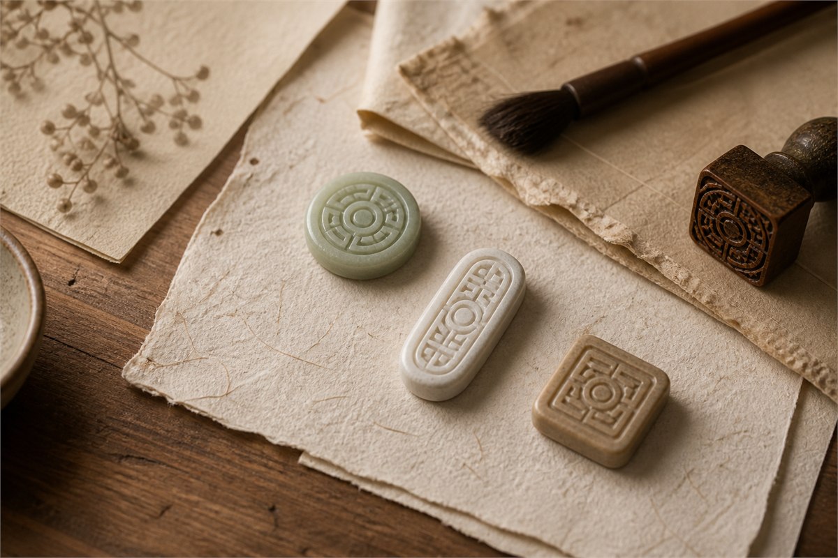 Round elongated and square longevity-inspired medallion samples on an artisan paper worktable