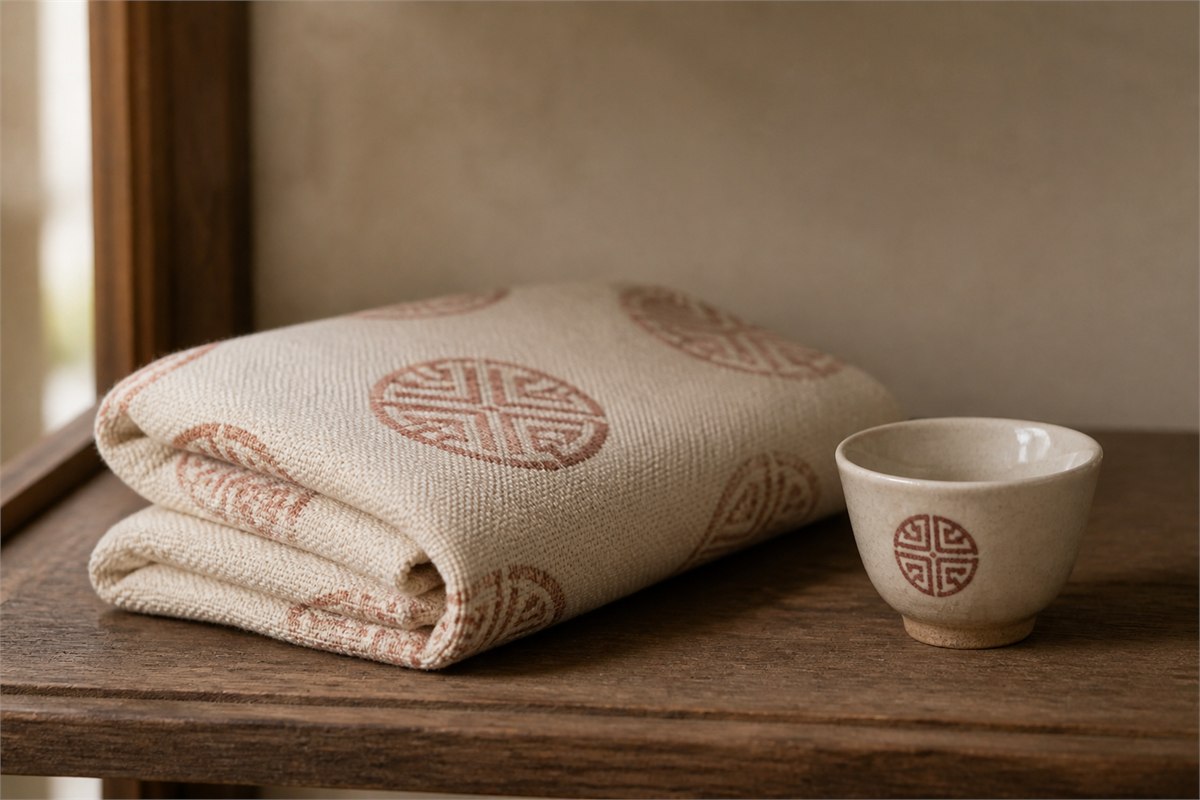 Folded cream textile with muted red longevity medallions beside a matching porcelain cup