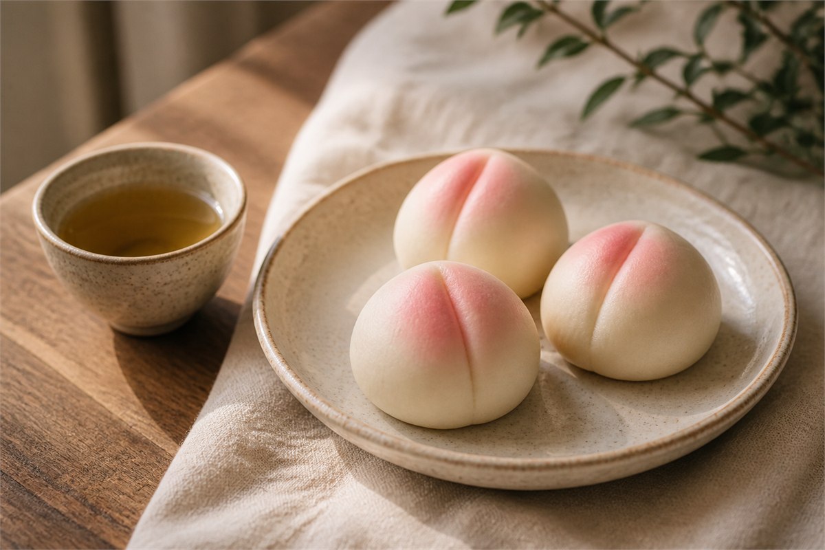 Three peach-shaped birthday buns on a ceramic plate beside a small tea cup