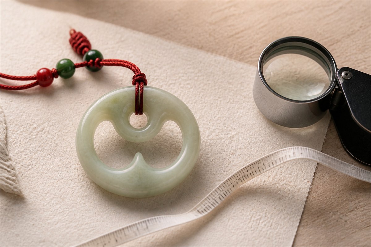 Pale carved pendant beside a magnifying loupe and soft measuring cord on cream paper