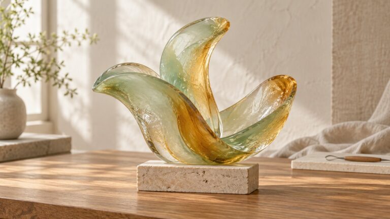 Amber and pale green glass sculpture with three rising curved forms on a stone plinth.