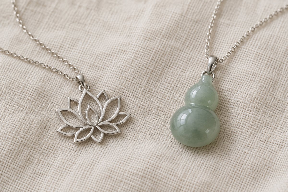 A silver lotus pendant beside a pale green bottle-gourd pendant on linen.
