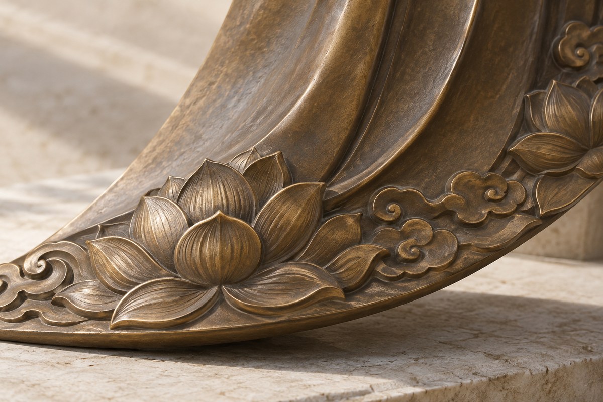 Lotus petals and curling cloud motifs carved into a curved bronze robe panel.