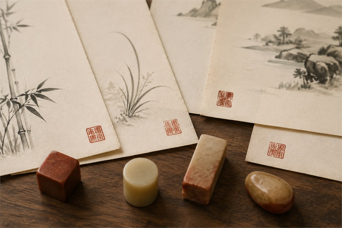Varied square rectangular round and irregular seals beside lower edges of ink-painting studies