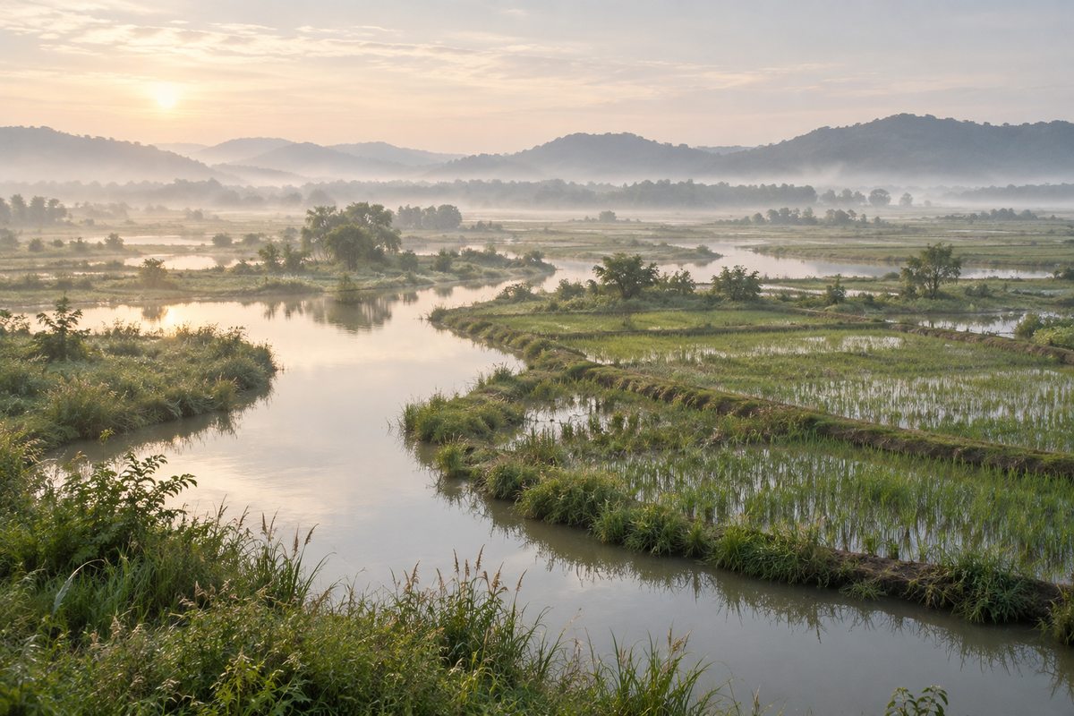 Rice plots and a winding water channel across a flat green plain