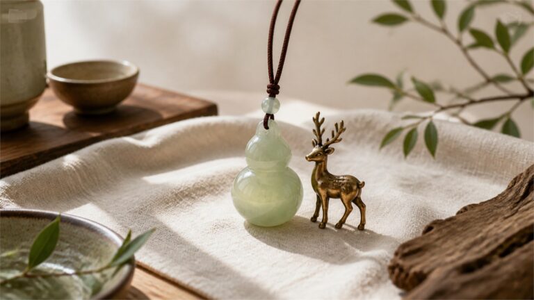 Pale green gourd pendant and brass deer charm on warm ivory linen