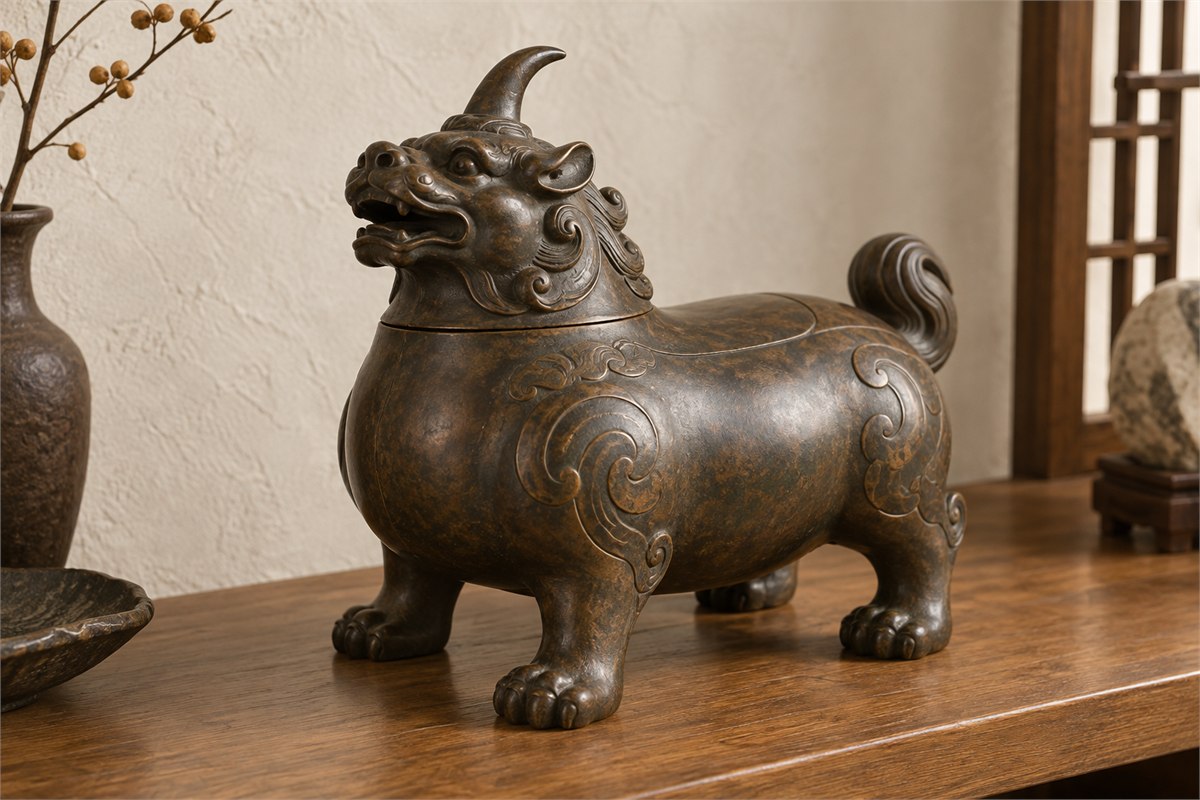 A bronze horned beast incense vessel with a fitted head lid and open mouth.