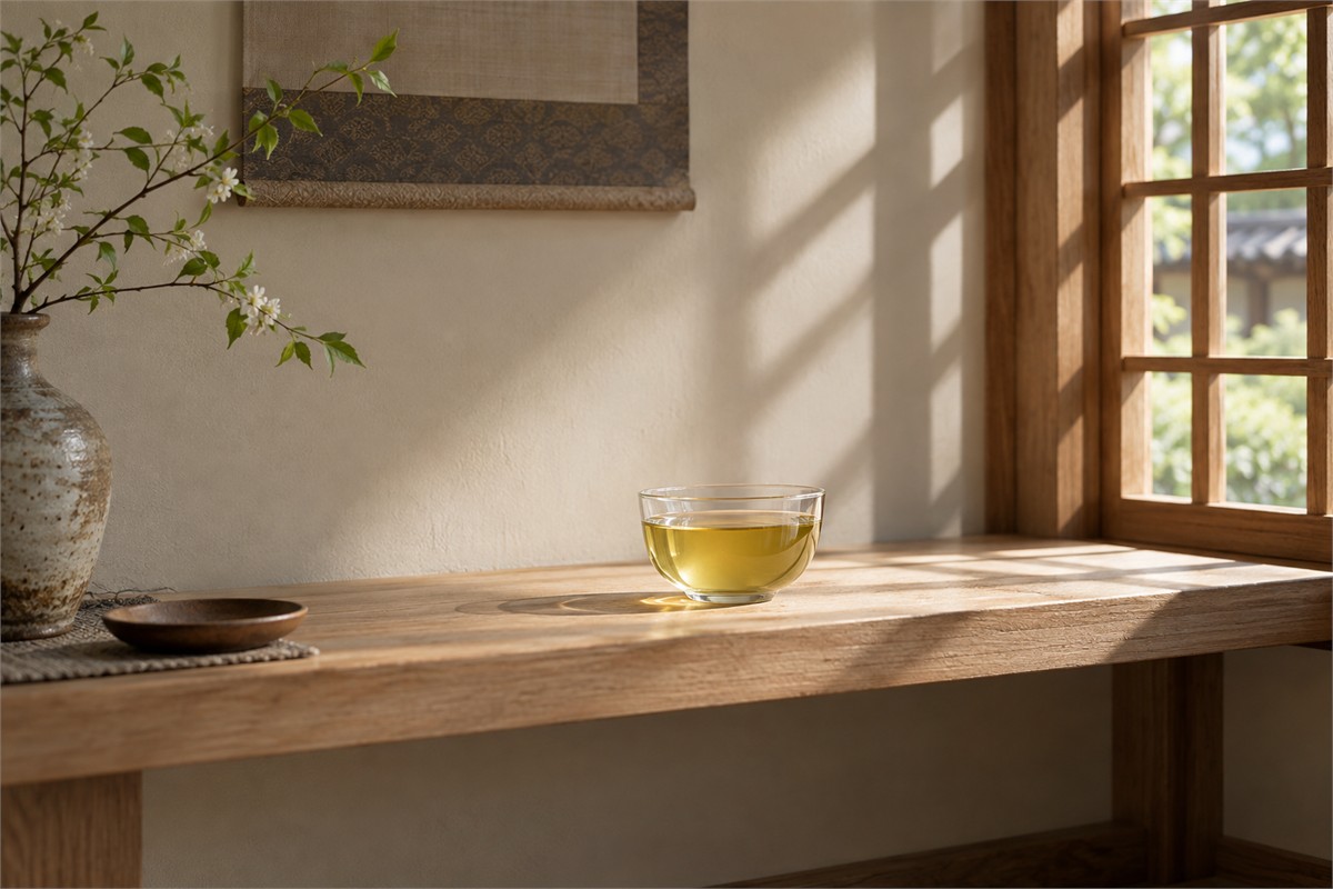Clear cup of pale golden tea on a wooden shelf in soft lattice-window light.
