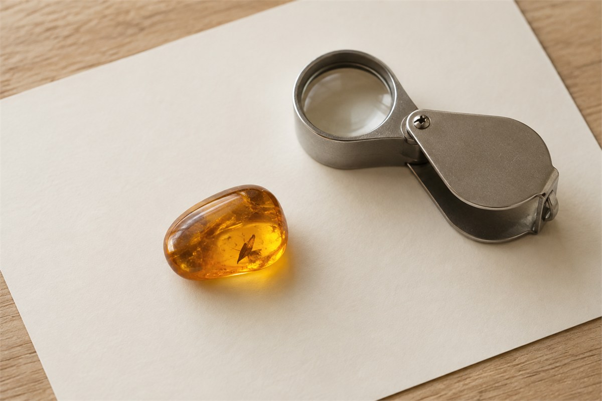 A translucent golden piece beside a small folding loupe.