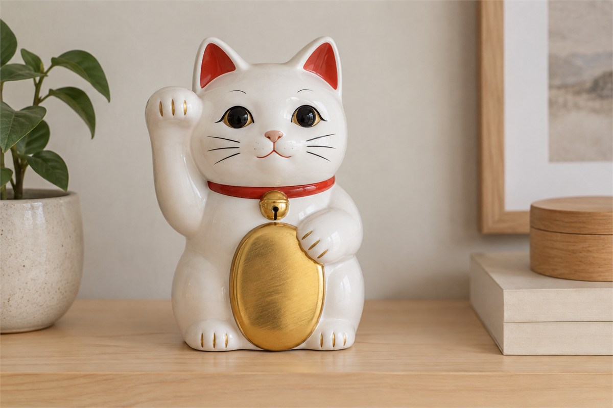 White ceramic maneki-neko with its right paw raised and a gold-colored oval on its belly.