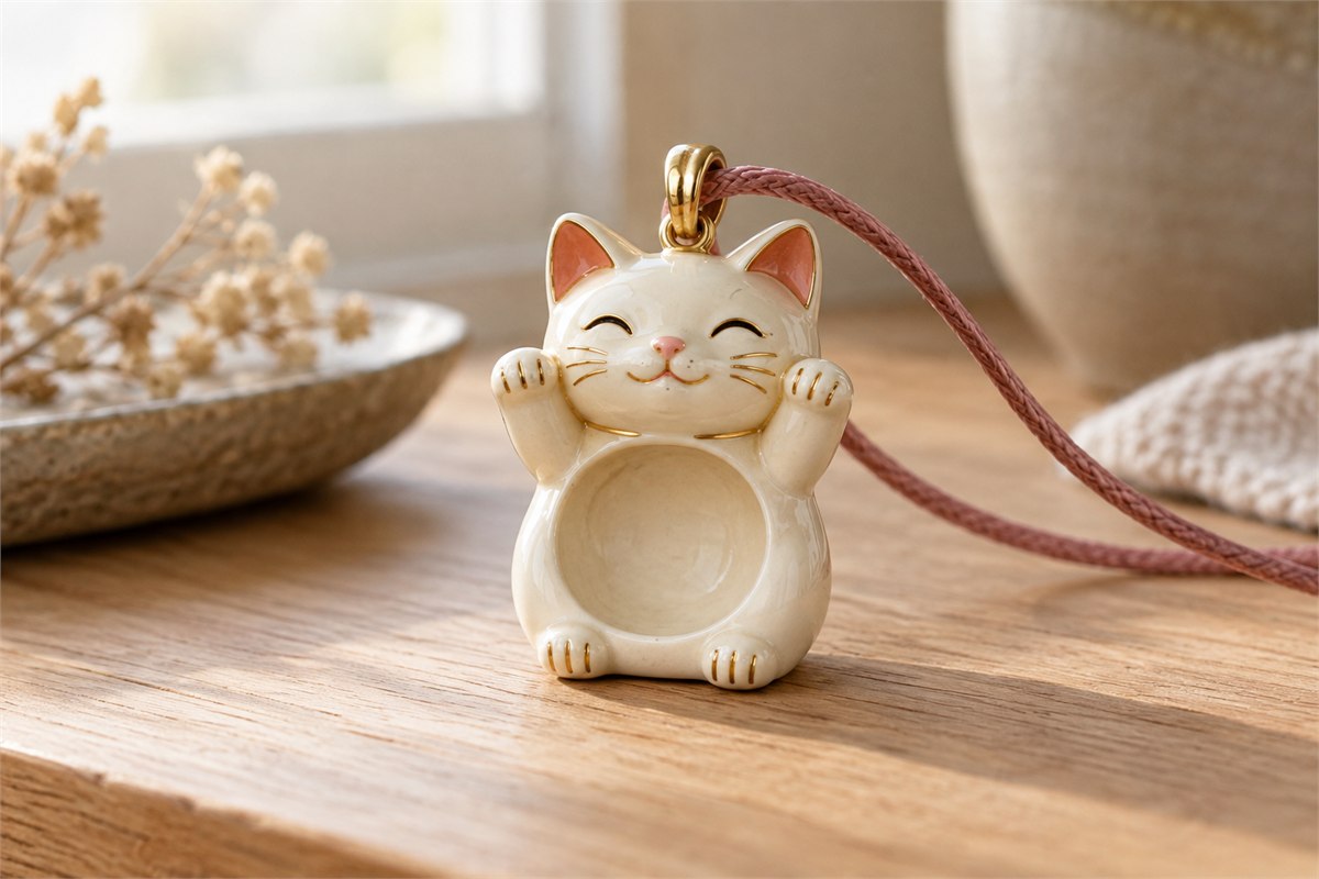 Ivory cat charm with both front paws raised and two seated rear feet.