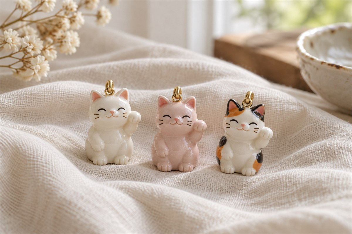 White, pale pink and calico enamel cat charms on cream cloth.