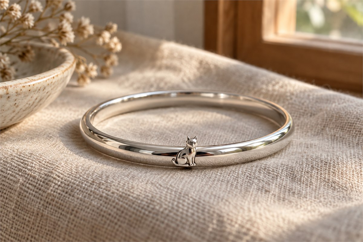 Silver-colored bangle with a small cat relief on warm linen.
