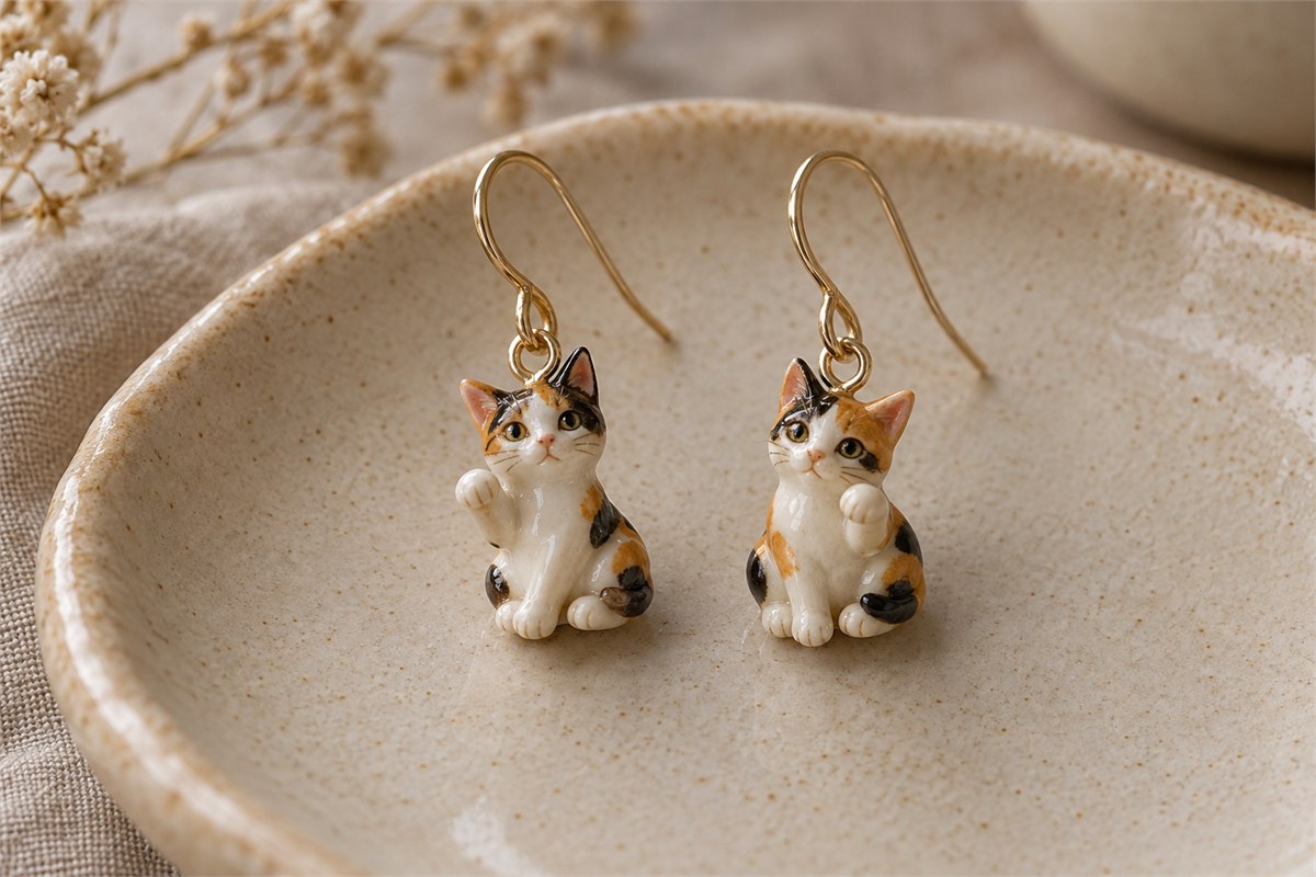 Pair of tiny calico cat drop earrings with closed connecting rings.