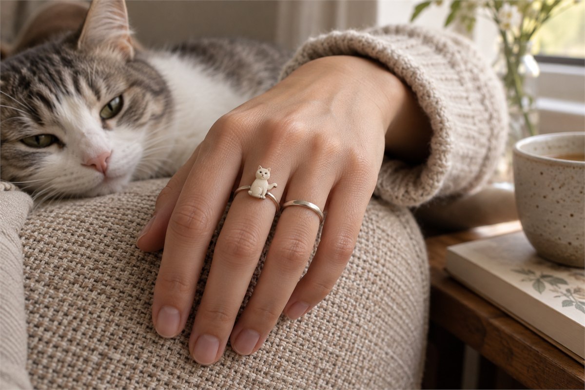 Small sculpted cat ring resting on a finger beside a plain band.