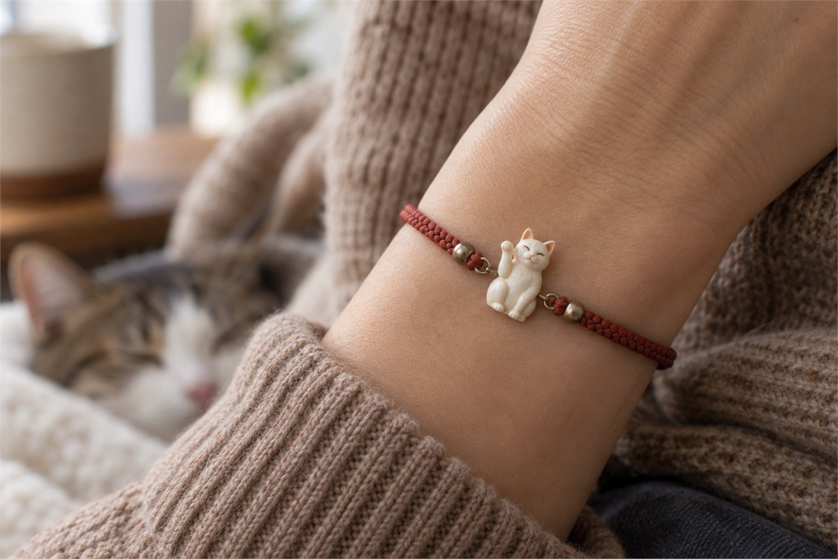 Small cat charm on a muted red cord bracelet worn at the wrist.