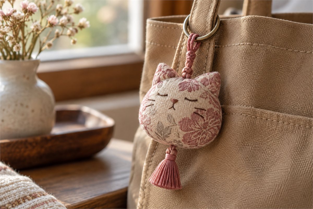 Woven fabric cat charm with a short tassel and secure cord loop.