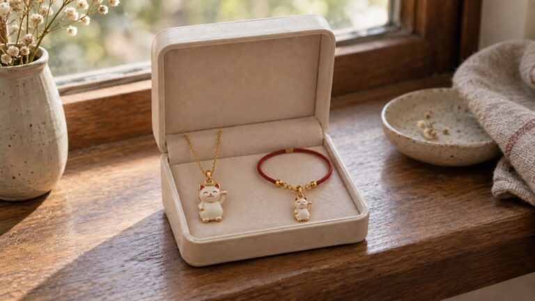 Ivory cat necklace and muted red cord bracelet in an open cream jewelry box.