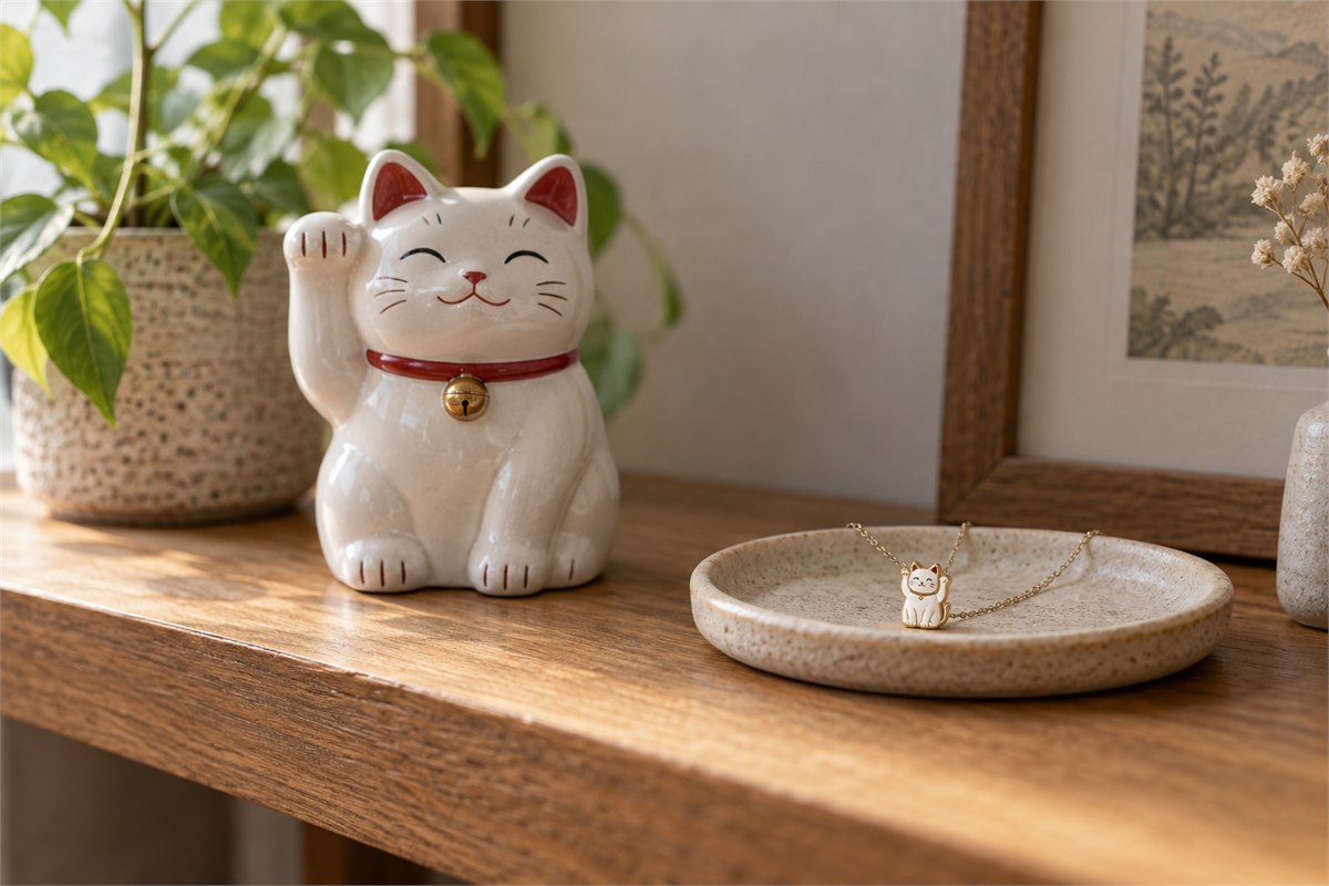 Small ceramic beckoning cat beside a matching miniature necklace.