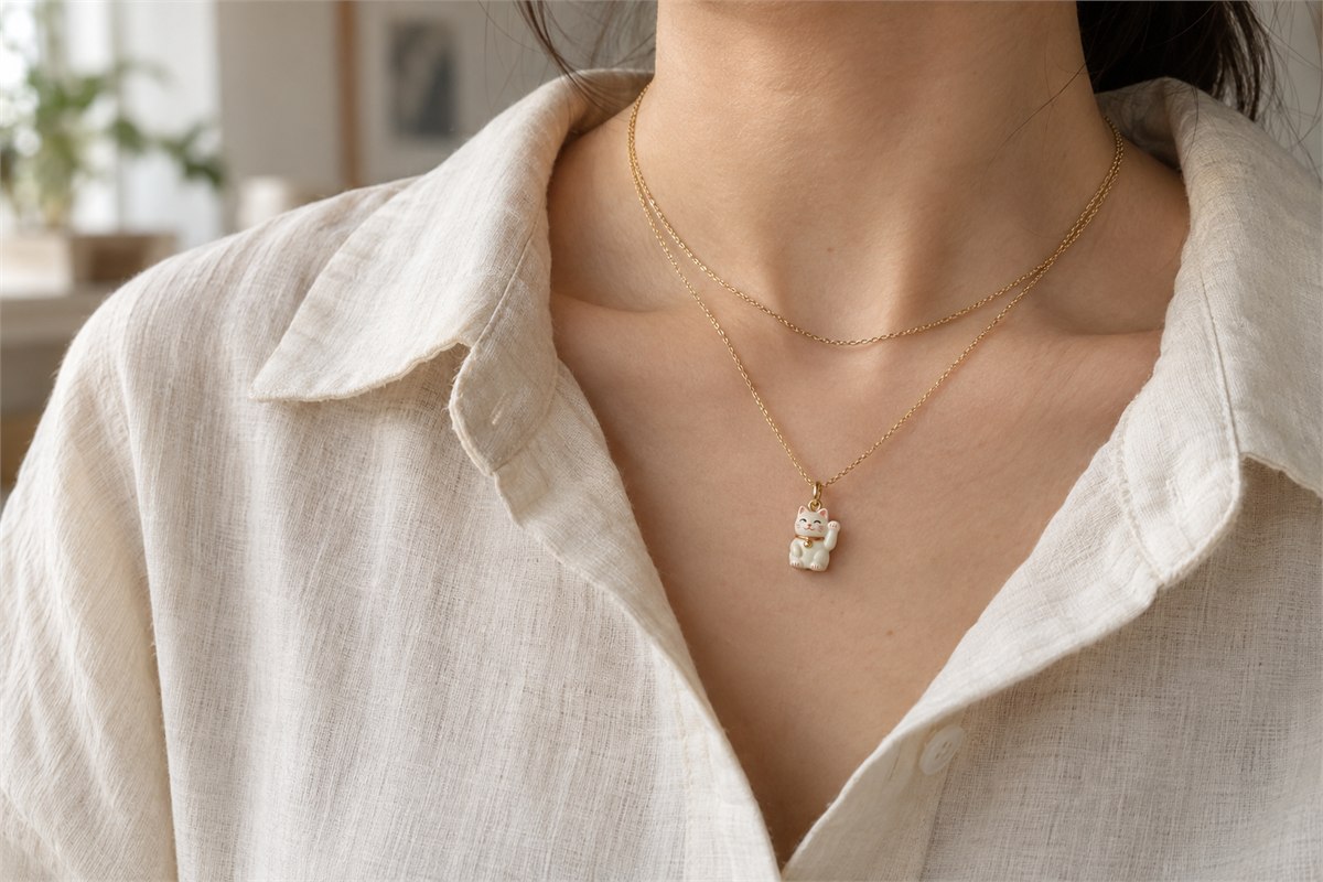 Cat pendant and simple shorter necklace worn with a cream shirt.