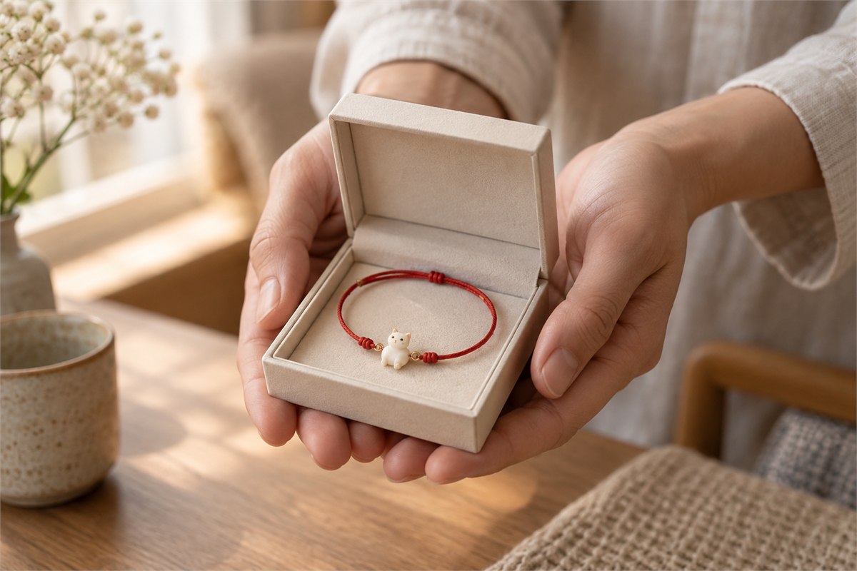 Hands offering a small open jewelry box containing a red-cord cat bracelet.