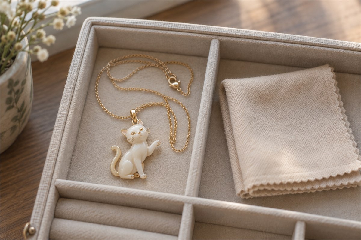 Cat pendant beside a clean soft cloth in a divided jewelry tray.