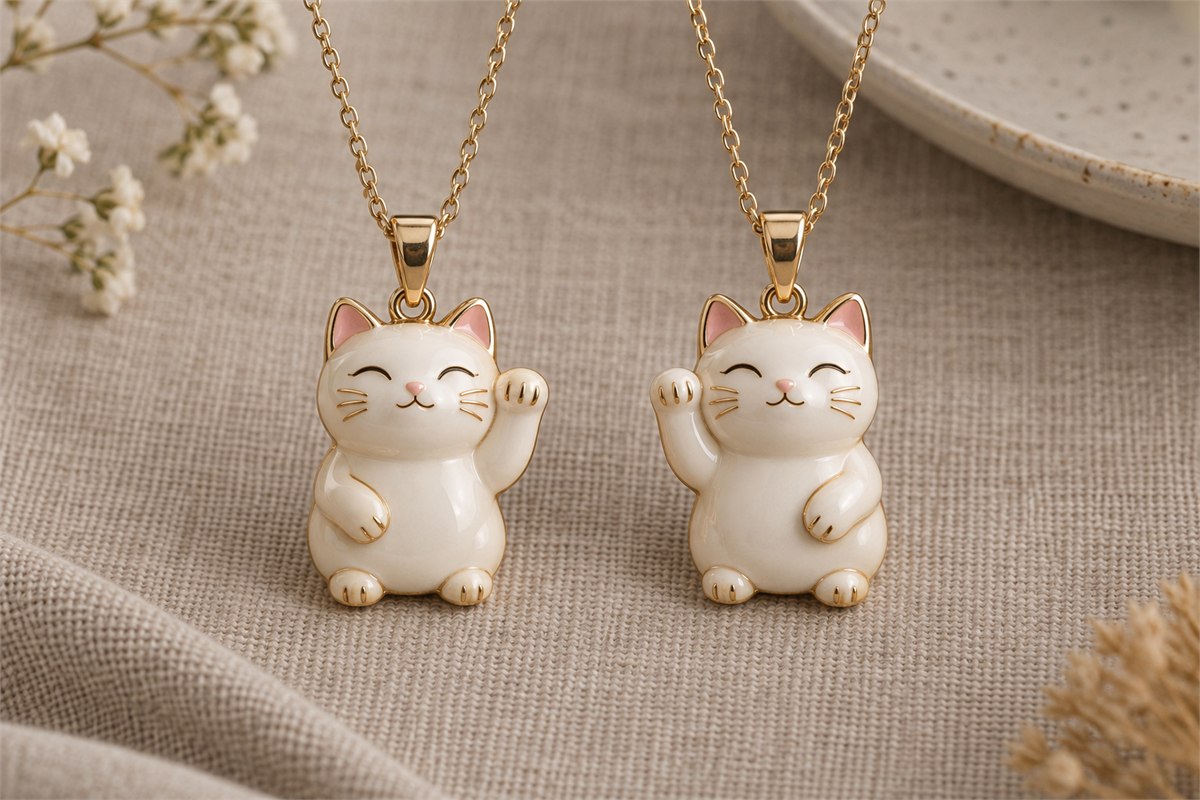 Two ivory cat pendants with opposite front paws raised.