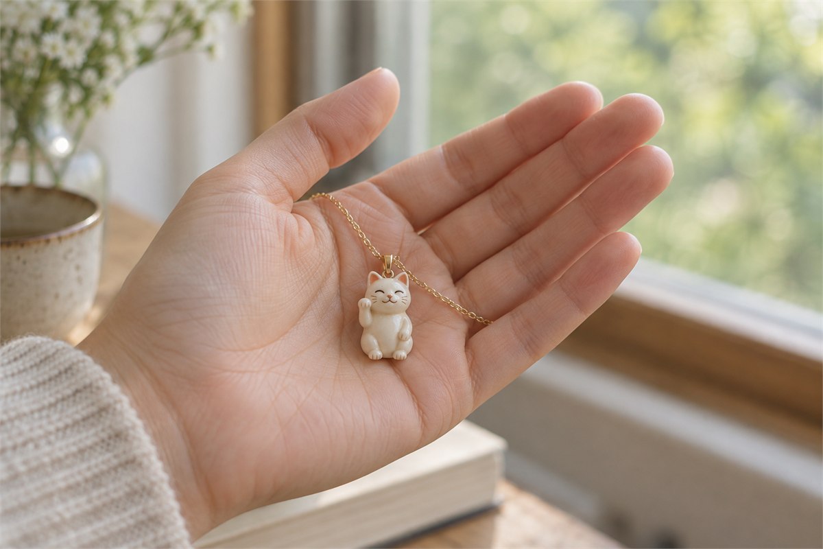 Hand holding a small cat pendant near a softly lit window.