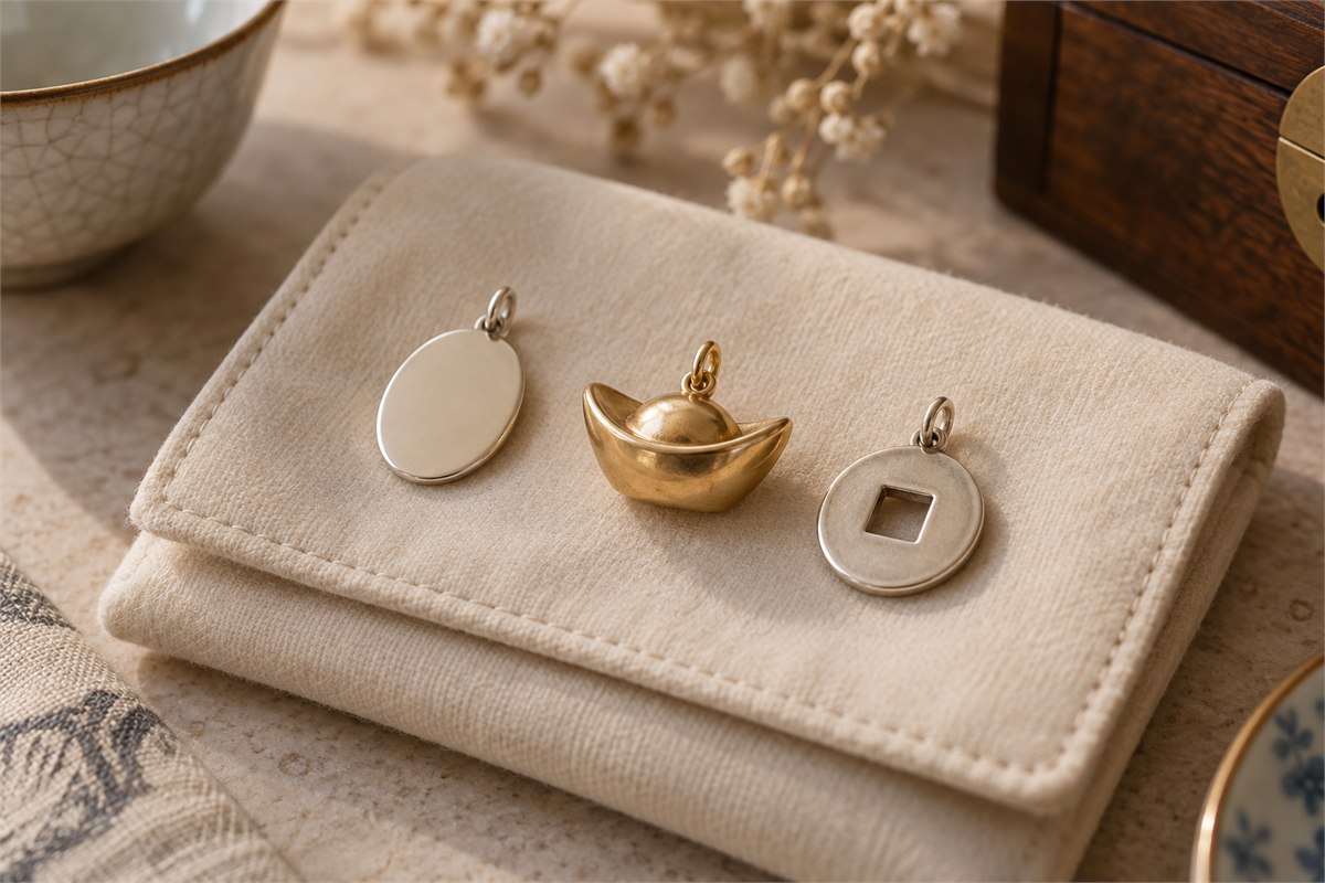 Oval coin, boat-shaped ingot and round square-hole coin charms.