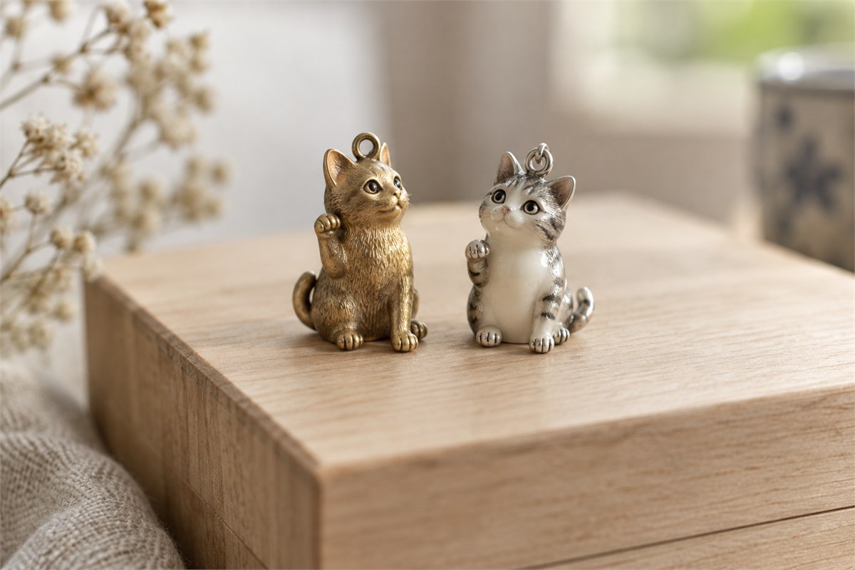 Matte warm-metal cat charm beside a silver-colored enamel cat charm.