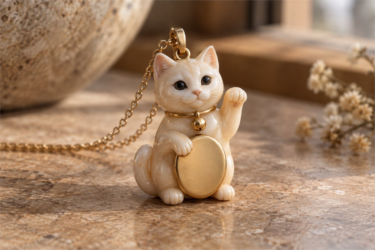 Cat pendant holding a smooth oval coin beneath its lowered paw.