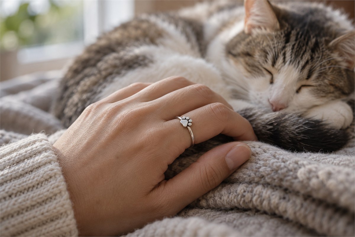 Silver-colored ring with a tiny paw-pad detail on a relaxed hand.