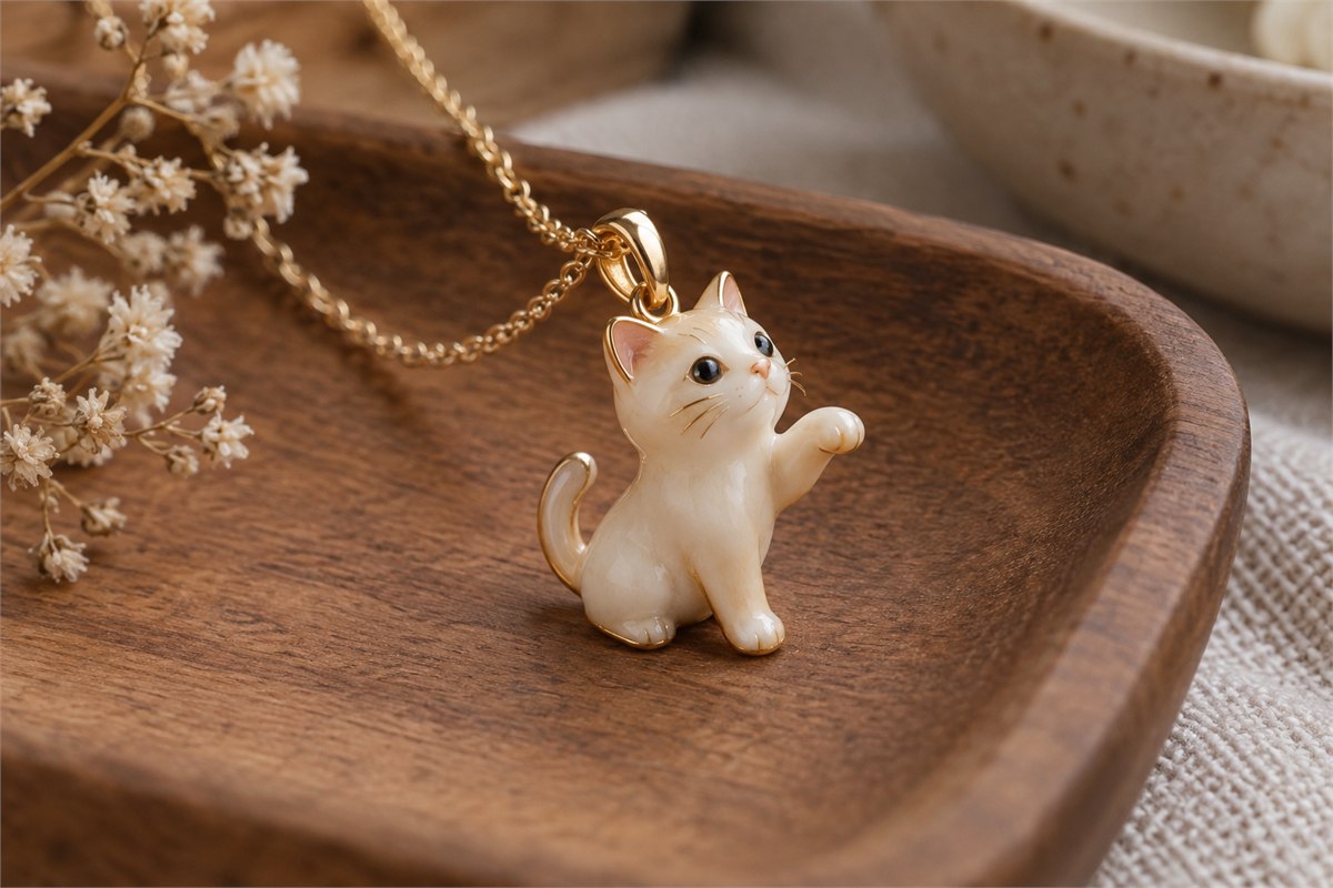 Side view of a cat pendant showing its bail and fine chain.