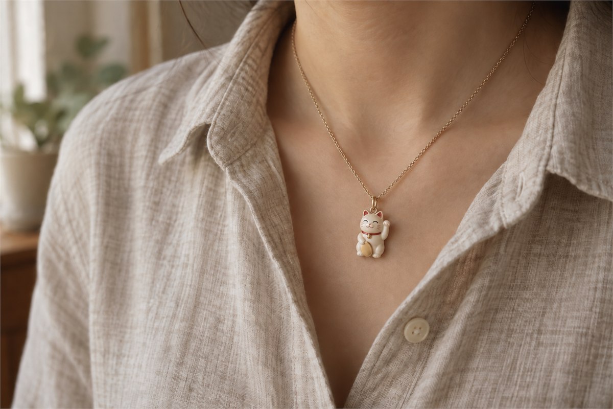 Ivory cat pendant on a fine chain against an oatmeal linen shirt.